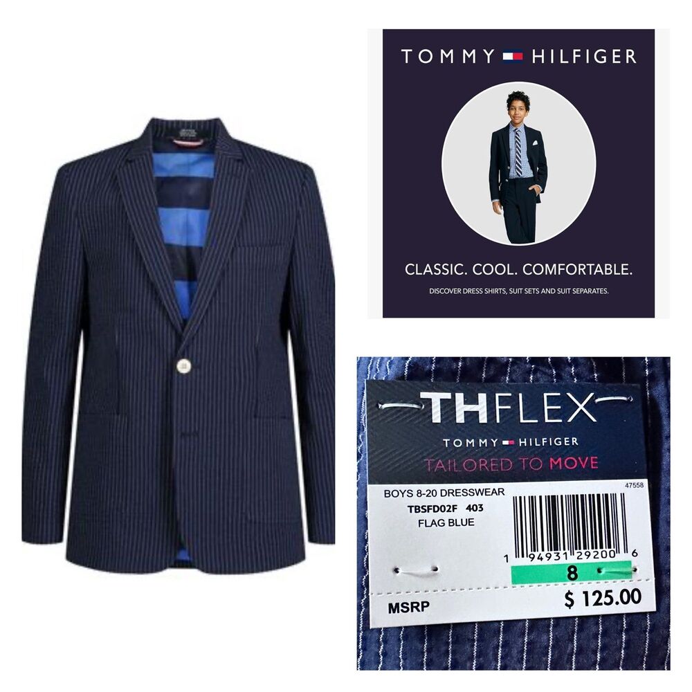 Tommy Hilfiger Boys Size 8 Suit Jacket - New with Tags - Flag Blue Seersucker